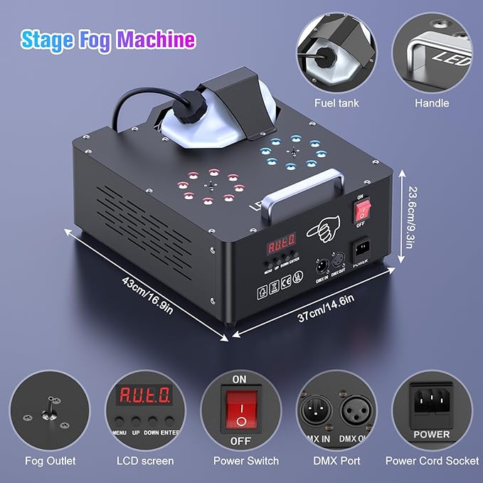 2000W Professional Fog Machine Dual Nozzle with 16 RGB LED, DMX Control Adjustable Smoke Direction, 2.5L Tank LCD Display 30000CFM for Halloween Christmas Stage DJ Party Club Events-2PC