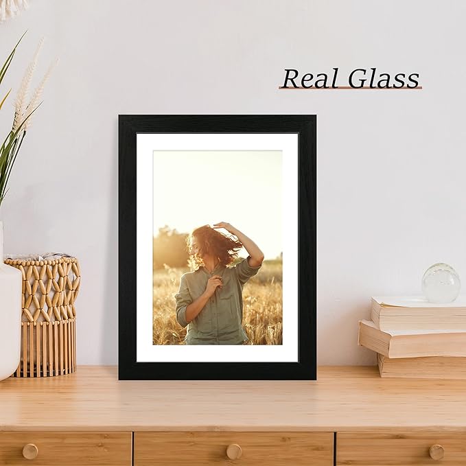 10x14 Picture Frame Set of 4 with Tempered Glass, Black Frame Display 8x12 Picture with Mat or 10 x 14 Without Mat, Rustic Wood Photo Frames for Horizontal or Vertical Wall Mounting