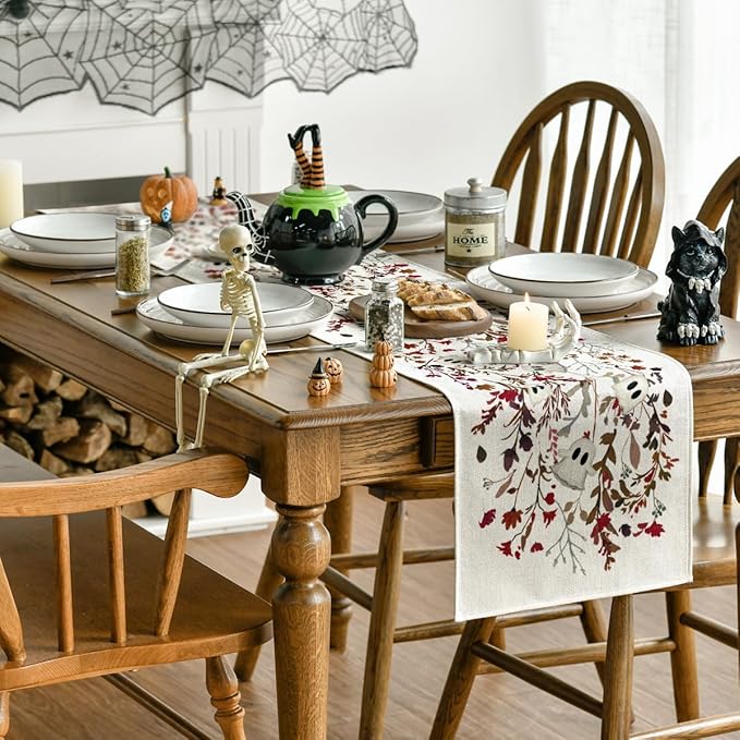 Artoid Mode Ghost Flowers Leaves 210 GSM Halloween Table Runner,Seasonal Fall Kitchen Dining Table Decoration for Home Party Decor 13x72 Inch