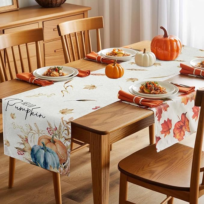 Fall Thanksgiving Cotton Linen Table Runner for Dining Kitchen, Orange Pumpkins Outdoor Party Autumn Tablerunners Decoration Rustic Wheat Leaves Dresser Scarf Coffee Tablecloth Runners 13x108 Inches