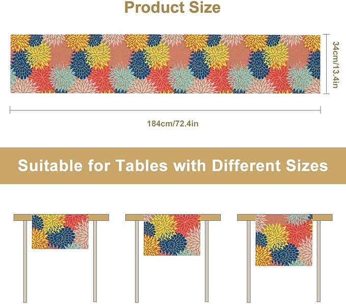 Dahlia Flowers Table Runner Colorful Floral Teal Grey Pink Yellow Blue Abstract Table Runner Kitchen Dining Party Decor Living Room, 13x90 Inch