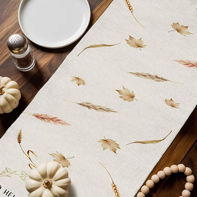 Fall Thanksgiving Cotton Linen Table Runner for Dining Kitchen, Orange Pumpkins Outdoor Party Autumn Tablerunners Decoration, Rustic Wheat Leaves Dresser Scarf Coffee Tablecloth Runners 13x48 Inches