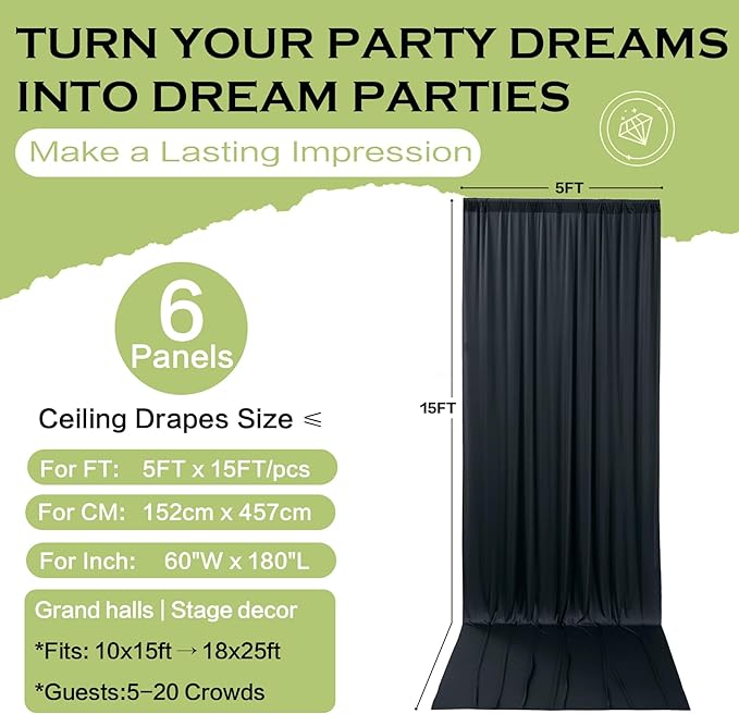 PartyVillage 30ft×15ft Black Backdrop Curtain for Halloween Parties, 6 Panels Wrinkle Free 15 FT Long Polyester Photo Backdrop Drapes Back Drop Cloth for Birthday Photography Background