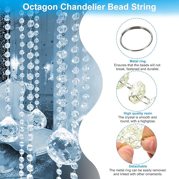 PATIKIL 14 mm Crystal Garland Strands, 32.8 Ft Acrylic Octagon Chandelier Bead Chains String for DIY Craft Wedding Party Home Decorative Jewelry Making, Champagne
