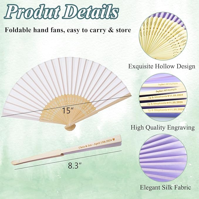 200 Pcs Personalized Purple Wedding Fans for Guests Bulk, Custom Hand Fans Decorative Folding Fans, Wooden Fans Party Favor Birthday Party Supplies Bridal Shower Gifts Baby Shower Favors