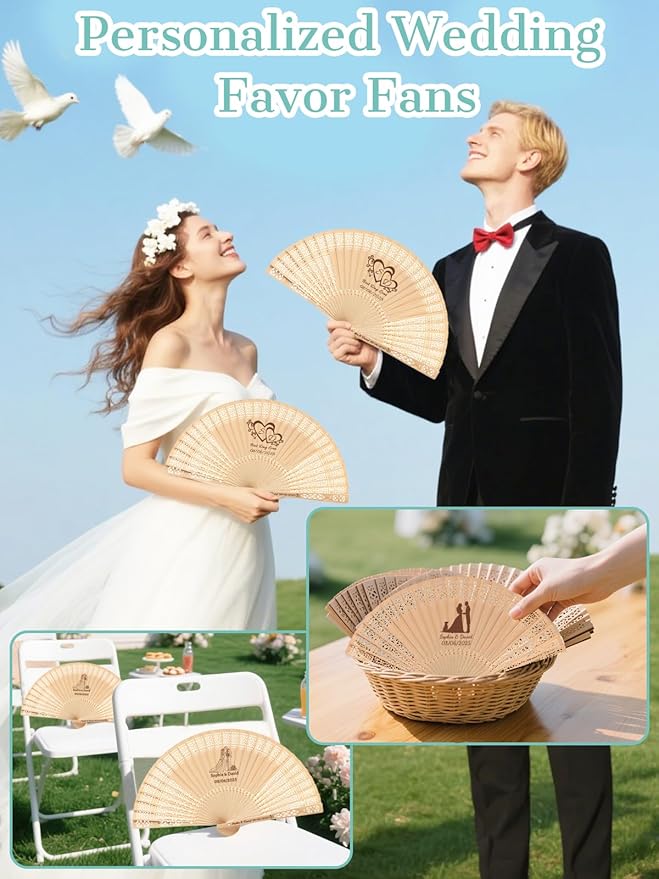 20Pcs Personalized Folding Hand Fans Custom Engraved Summer Wedding Fans,Personalized Wooden Fans Party Favor Bridal Shower Gifts for Guests
