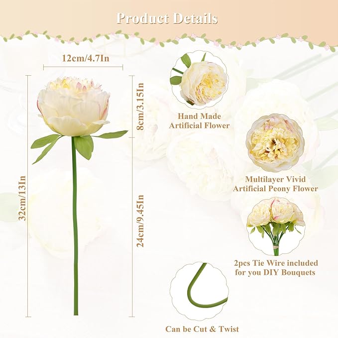 U'Artlines 20 Heads Artificial Peony Silk Flower Leaf Home Office Wedding Party Festival Bar Decor (Champagne)