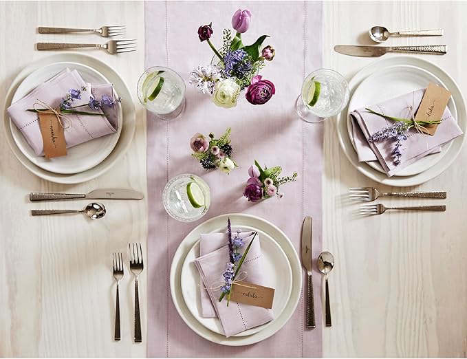 Solino Home Linen Lilac Table Runner 120 Inches Long - 100% Pure Linen Hemstitch 14 x 120 Inch Table Runner for Dining, Fall, Autumn, Thanksgiving, Christmas - Classic Hemstitch