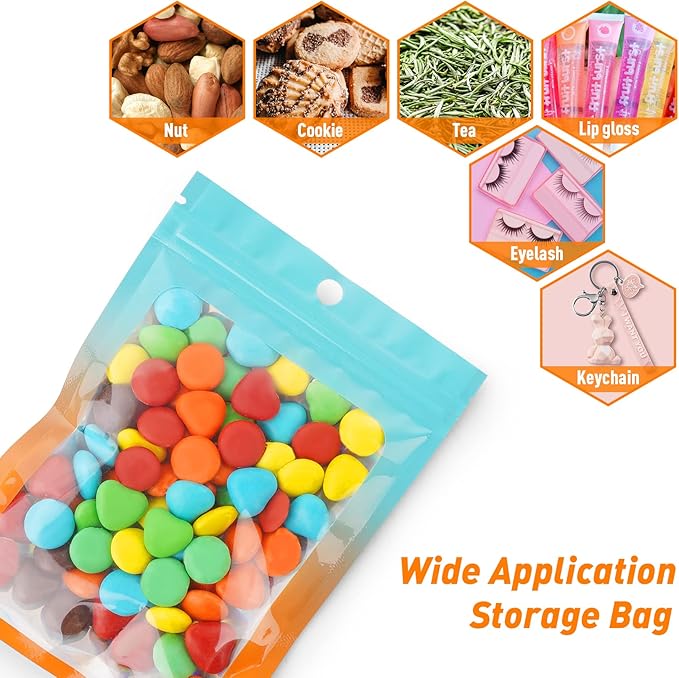 Funfery 100 Pack Gradient Holographic Bags,Resealable Mylar Bags with Zipper,Clear Window Packaging Pouch,Foil Smell Proof Bags for Food Storage,Sample Jewelry Baggies(3.1×5.1in,Blue Orange)
