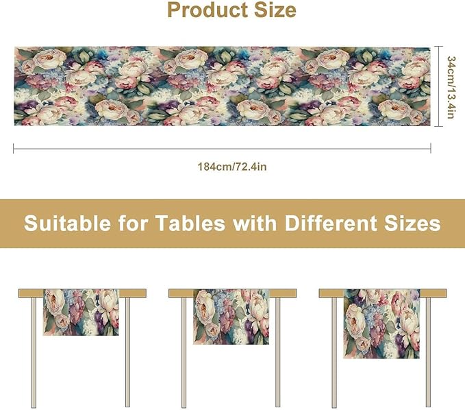Vintage Floral Table Runner,Girls Women Rose Romantic Leaf Botanical Watercolor Pattern Print Burlap for Hotel Indoors Outdoor Dining Room Kitchen Holiday Party, 13x90in