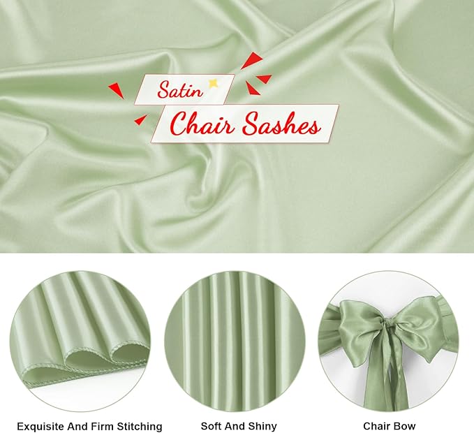 10 PCS Sage Green Satin Chair Sashes Bows Universal Chair Ribbon Ties Back Sash for Wedding Party Reception Events Banquets Hotel Event Chair Cover Decoration (7x108 inch)