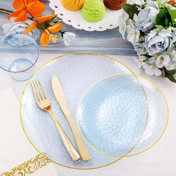 Rubtlamp 175 Pcs Plastic Dinnerware Set (25 Guests), Blue Disposable Plates With Gold Rim, Hammered Party Plates Set Include Dinner Platos, Dessert Platos, Cups, Cutlery And Napkins for Party