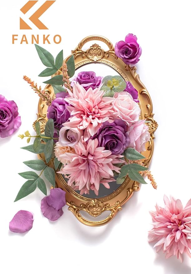 FANKO Rose Artificial Flowers Combo for DIY, Fake Purple Rose Artificial Silk Flowers with Greenery, Real Looking Artificial Faux Flowers for Wedding, Table Decoration, Centerpieces, Party, Home Décor