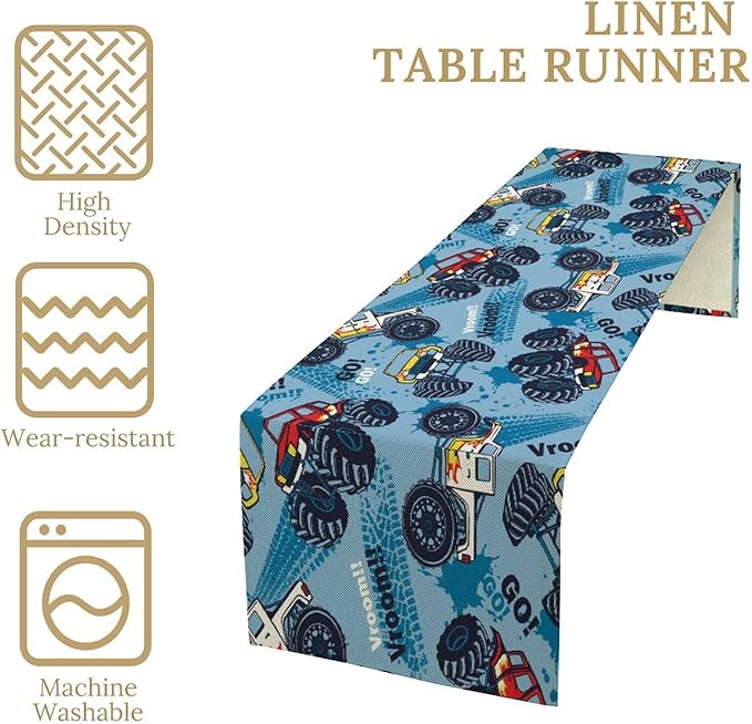 Monster Truck Table Runner,for Kids Boys Cool Colorful Cartoon Blue Cars Pattern Print Tablecloth Burlap for Hotel Indoors Outdoor Dining Room Kitchen Home Decor,W13X L80 in