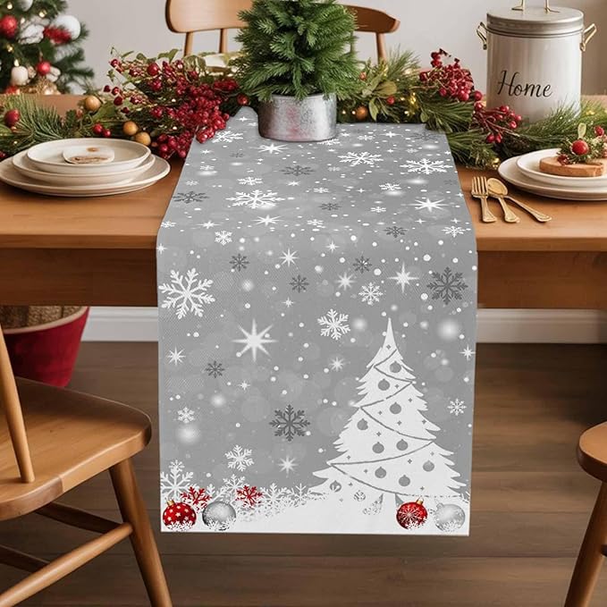 Christmas Snowflakes Cotton Linen Table Runner for Dining Kitchen, Xmas Tree Snow Winter Wedding Outdoor Party Tablerunners Decoration, Grey Balls Dresser Scarf Coffee Tablecloth Runners 13x60 Inches