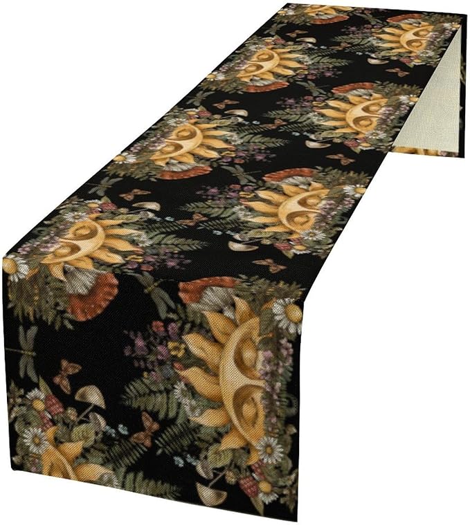 Sun Moon Table Runner, Bohomian Mushroom Daisy Table Gothic Dragonly Butterfly Table Center Decor Table Runner for Indoor Outdoor Party Kitchen Dinner Black, 13x70 Inch