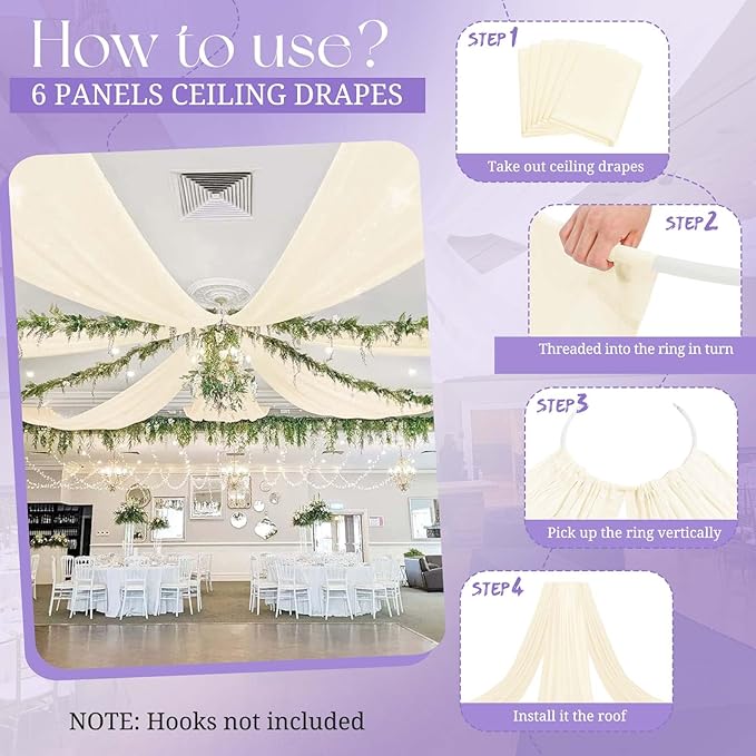 6 Panels Ivory Ceiling Drapes for Wedding, 5ftx15ft Ceiling Drapes Cheesecloth Sheer Fabric Curtain Wedding Arch Draping Fabric Romantic Ceiling Decorations for Weddings Party Ceremony Stage