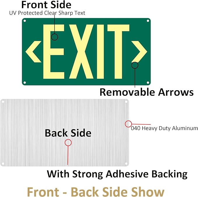2Pack Photoluminescent Exit Sign Green - 14.25"x 7.5" Aluminum Glow In The Dark- Adhesive Backing- Includes 4pcs Removable Arrows