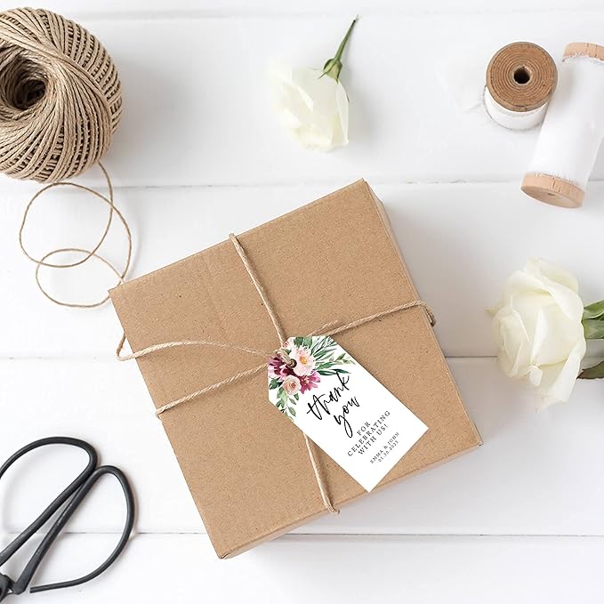 Andaz Press 100-Pack Personalized Thank You for Celebrating with Us Wedding Favor Tags with Bakers Twine Spring Watercolor Florals Custom Cardstock Wedding Gift Tags for Party Favors 2 x 3.75-Inches