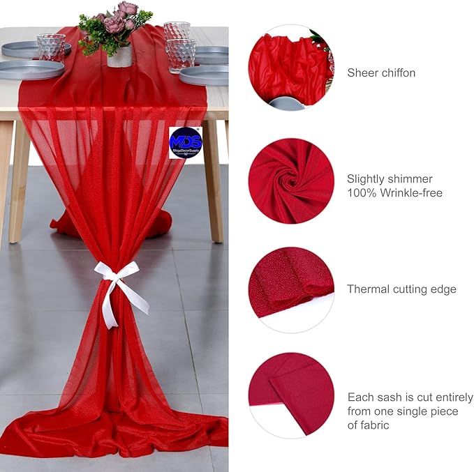 MDS Halloween Chiffon Table Runner - 25 Pack, 29 x 170 Inches, 14ft Each - Sheer Spooky Table Runners for Haunted House Parties, Trick-or-Treat Tables, Witchy Décor, Wedding & Events - Red