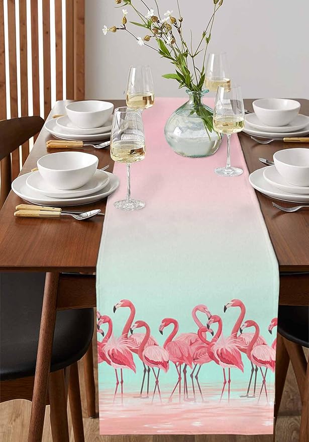 Tropical Flamingo Cotton Linen Table Runner for Dining Kitchen, Wedding Outdoor Party Tablerunners Decoration, Pink Bird Coastal Nautical Animal Dresser Scarf Coffee Tablecloth Runners 13x36 Inches