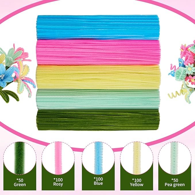 5 Mixed Macaron Colors Chenille Stems Bulk,400 Pcs Pipe Cleaners Craft with Floral Wires, Gardening Tape,Greeting Card,Bouquet Paper,Hot Glue Stick,Stamen & Ribbon,Ideals for DIY School Projects