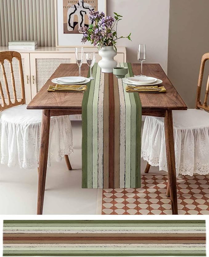 Sage Green Wooden Cotton Linen Table Runner for Dining Kitchen, Wedding Outdoor Party Tablerunners Decoration, Vintage Country Retro Distressed Grain Dresser Scarf Coffee Tablecloth Runners 13''x60''