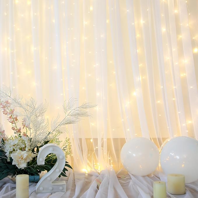 White Backdrop Curtains with Lights String for Wedding Parties 10×10ft Sheer Tulle Backdrop Curtain for Bridal Shower Baby Shower Birthday Party Photo Shoot Background Decorations(2 Panels 10ft×10ft)