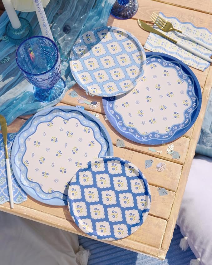 xo, Fetti Blue Coastal Paper Plates | 32 pcs, 2 sizes | Nautical Bachelorette Decorations, Seaside Dinner Party Setting, Beach Birthday Decor, Floral Tablescape