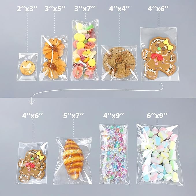 PigPotParty 6''x 9" Clear Plastic Cellophane Gift Wrap Bags, 100 Pcs Small Self Sealing Cookie Bags for Gift, Party favor, Candy, Treat, Goodies, Snack, Self Adhesive Resealable