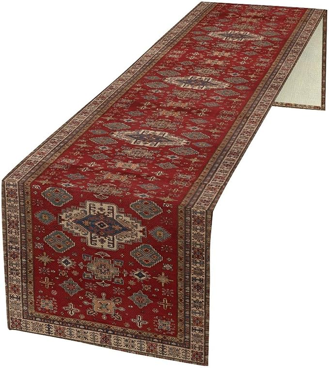 Boho Floral Vintage Table Runner, Retro Red Brown Flower Rustic Country Farmhouse Abstract Pattern for Home Kitchen Table Decor Dining Coffee Room Party Decor 13x72in