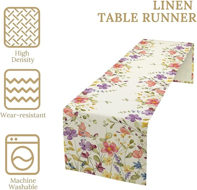 Floral Table Runner,Flowers Plant Print Spring Table Runner for Kitchen Dining Table Decoration for Home Party Decor 13x108 Inch