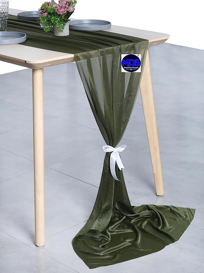 MDS Halloween Chiffon Table Runner - 10 Pack, 29 x 120 Inches, 10ft Each - Sheer Spooky Table Runners for Haunted House Parties, Trick-or-Treat Tables, Witchy Décor, Wedding & Events - Olive Green