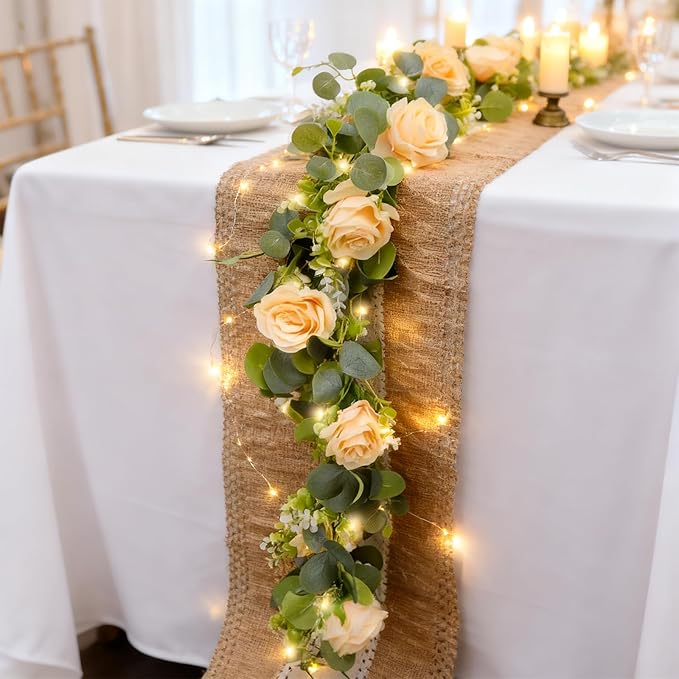 2 Pack 5.9 FT Artificial Flower Garland with Lights, Fake Floral Garland with 12 Roses, White Flower Decorations for Arch Table Centerpieces Backdrop Party Home Wedding Decorations