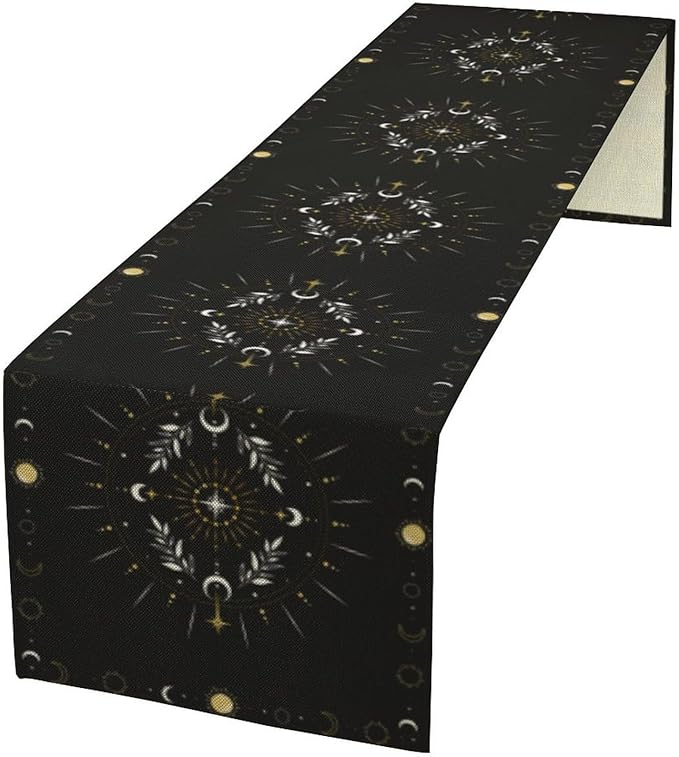 Sun Moon Table Runner, Magical Leaves Mysterious Western Traditional Elements Black White Table Runner for Party Living Room Home Kitchen Dinner Table Runner 13x120 Inch