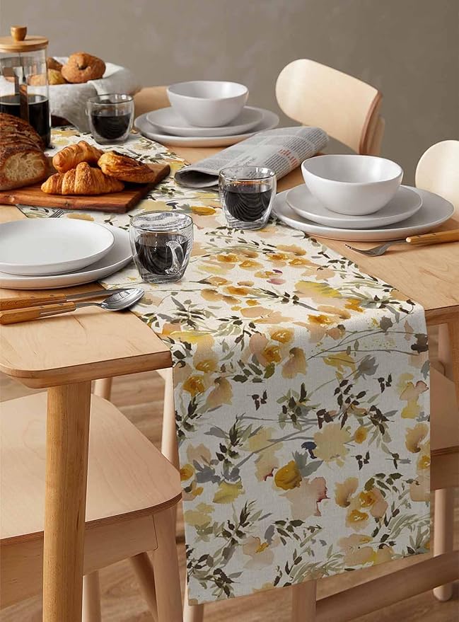 Vintage Orange Flower Cotton Linen Table Runner for Dining Kitchen, Wedding Outdoor Party Tablerunners Decoration, Farmhouse Botanical Floral Retro Dresser Scarf Coffee Tablecloth Runners 13x48 Inches