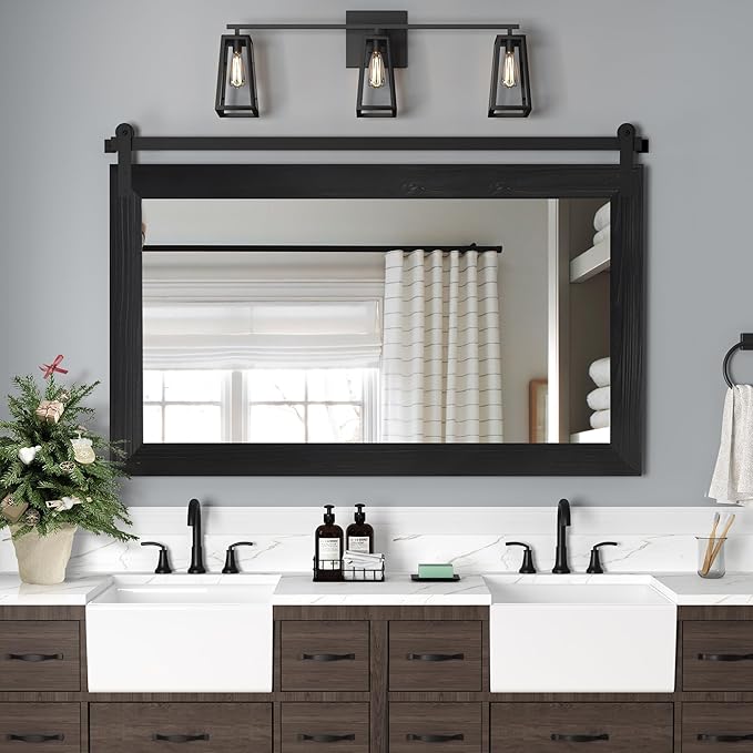 COGOOD Farmhouse Bathroom Mirror - 41" x 30" Rustic Barn Door Mirror for Living Room, Entryway, Bedroom, Vanity Wall Decor (Black)