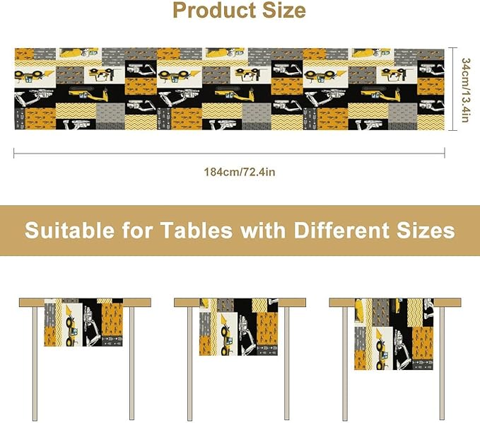 Excavator Table Runner,Boys Kids Construction Vehicles Equipment Trucks Cartoon Car Tablecloth Burlap for Hotel Indoors Outdoor Dining Room Kitchen Holiday Party, 13x70in