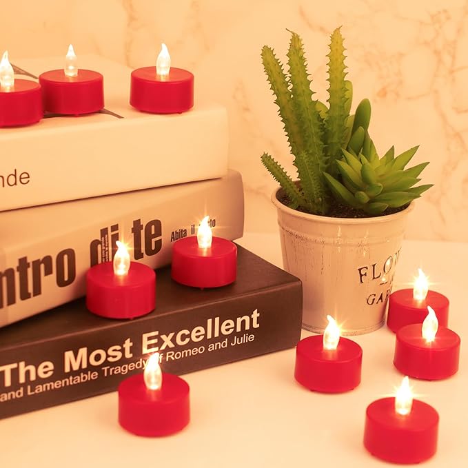 LED Tea Lights Candles- 24PACK Red Flameless Candles Realistic and Bright Flickering Long Lasting 200Hours for Holiday Celebration,Home Decoration