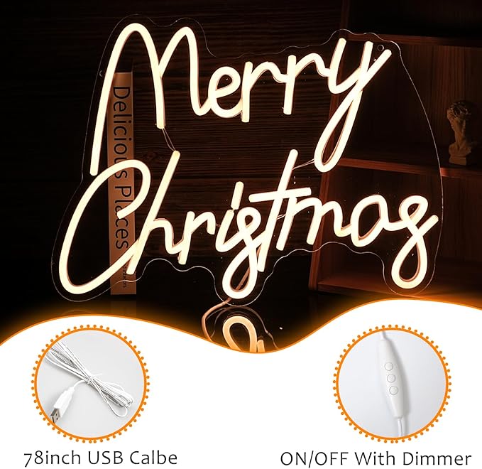 Merry Christmas Neon Sign USB Powered Merry Christmas Neon Light Sign for Christmas Decor Dimmable LED Christmas Light Up Sign for Christmas Home Party living Decor （16.5 * 12.6 In）