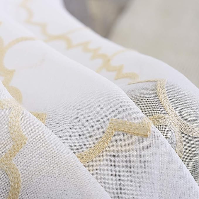 Embroidered Moroccan Tile Lattice Design Gold Sheer Curtains 84 Inch Long, Rod Pocket Sheer Drapes for Living room, Bedroom, 2 Panels, 52"x84", Semi Voile Window Treatments for Yard, Villa, Parlor.