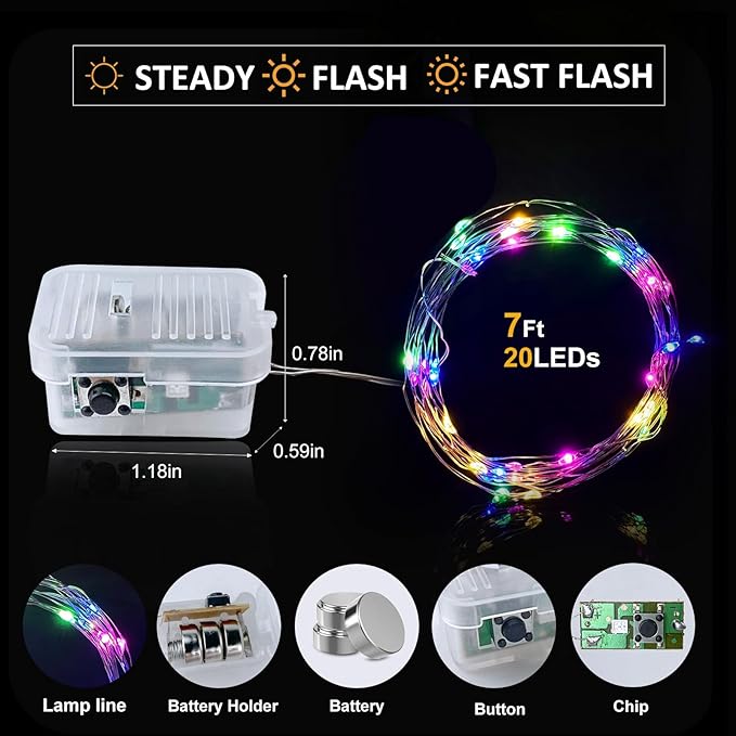 Aogist Led Fairy Lights 3 Modes Battery Operated String Lights Waterproof Silver Wire 7 Feet Firefly Starry Moon Mason Jar Lights for DIY Wedding Party Christmas (Rainbow, 12 Pack)