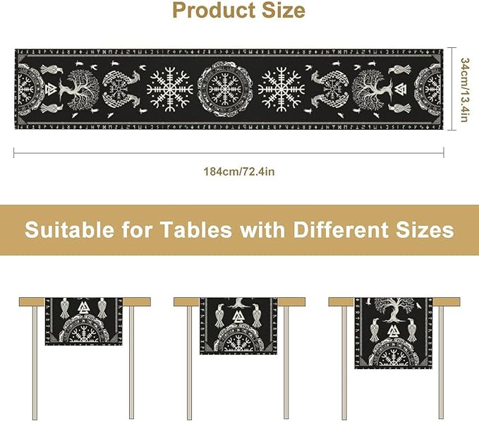 Ancient Abstract Pattern Table Runner, Tree of Life Eagle Dragon Boat Rudder Black and White Table Runner 13x108 Inch