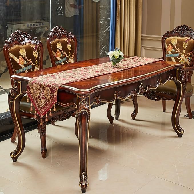Luxury Vintage Design Table Runner 90 inches Long Embroidery Jacquard Fabric with Multi-Tassels Table Runners for Dining Room Dresser Christmas Thanksgiving Party Decorations (Red, 12X90inch)