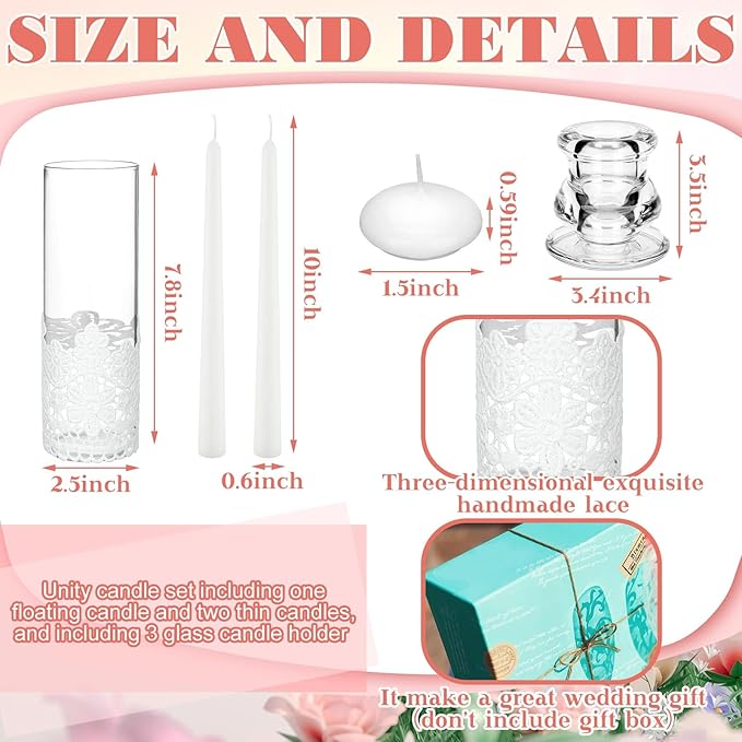 Irenare Unity Candles with Holder for Wedding Ceremony Wedding Decortions Accessories Glass Candle Holder Pillar Candle for Formal Events Church(Lace)