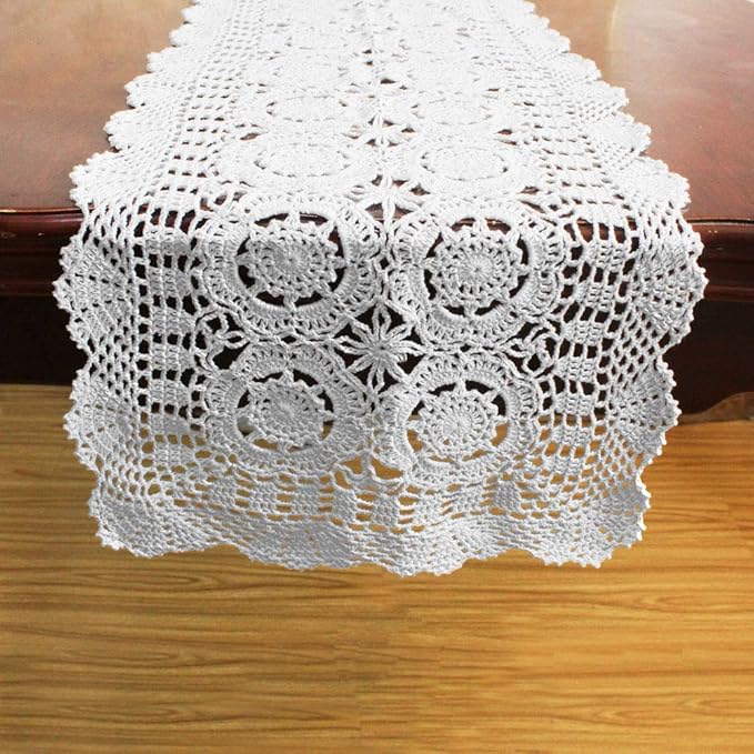 KEPSWET Cotton Handmade Crochet Lace Table Runner White Rectangle Coffee Table Dresser Decor (14x36 inch)