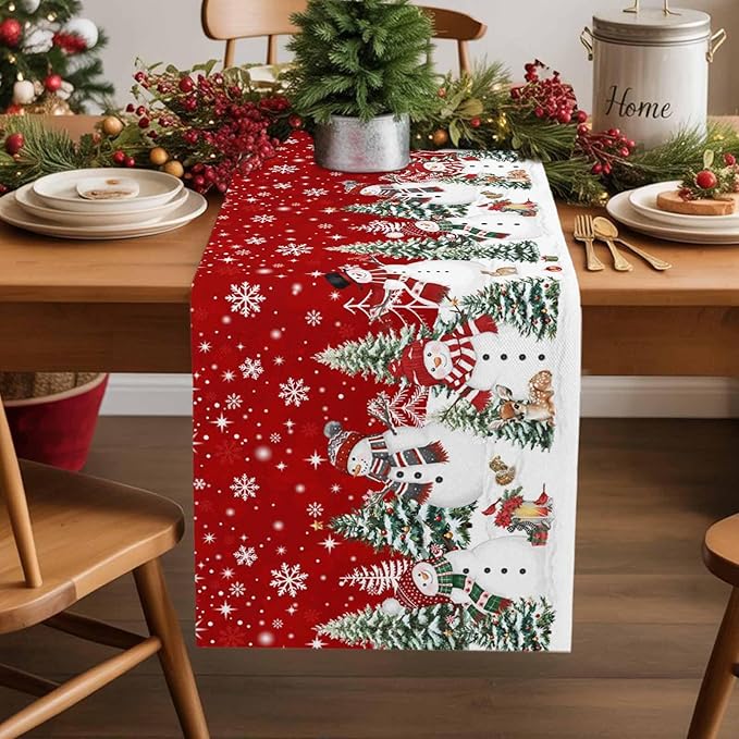 Christmas Snowman Cotton Linen Table Runner for Dining Kitchen, Xmas Tree White Snowflakes Winter Wedding Outdoor Party Tablerunners Decoration, Dresser Scarf Coffee Tablecloth Runners 13x90 Inches