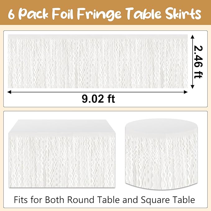 6 Pack 29 x108 Inch Macaron White Wave Foil Fringe Table Skirts Metallic Banner for Tinsel Streamer Garland Backdrop for Parade Floats, Mother's Day, Easter, Wedding, Birthday Party Decoration