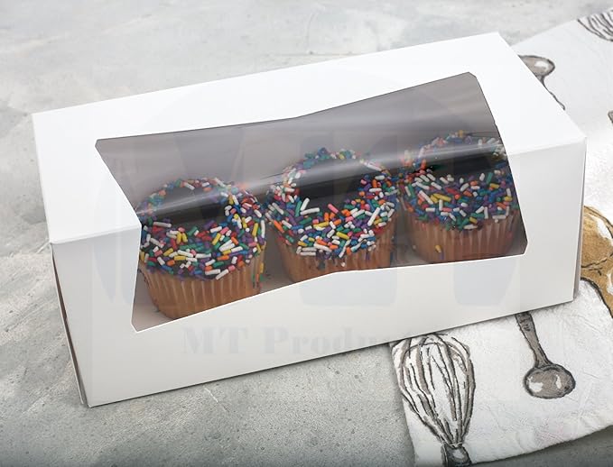 MT Products White Cupcake Boxes 9" x 4" x 3.5" - Bakery Boxes with Window (Pack of 15) - Made in USA