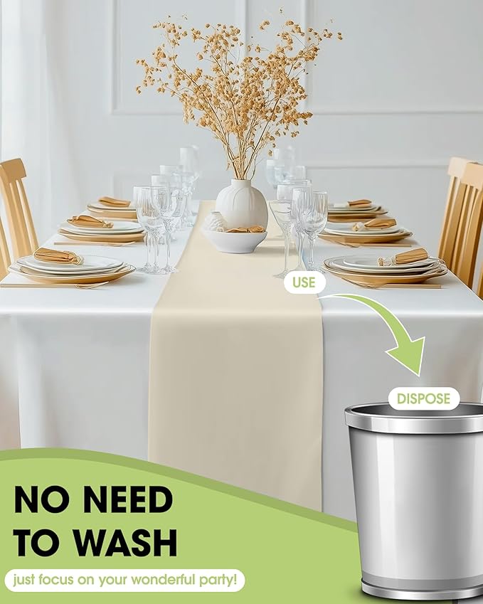 Pureegg Ivory Plastic Table Runners - 10 Pack, 14'' x 108'', Water Resistant & Disposable Cream Centerpiece Decorations for Table Cloth, Wedding, Birthday, Holiday, Baby Shower, Beige Home Decor
